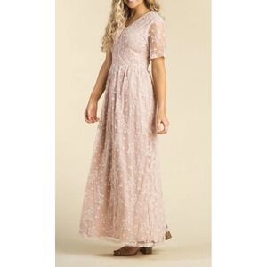 Arbor Adeline Womens XL Lace Maxi Dress V Neck Dusty Pink Modest Boho